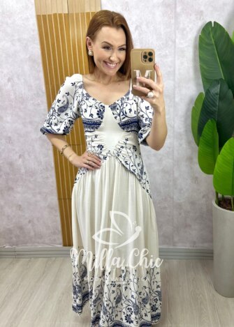 Vestido Rafaela em viscolinho - Branco estampa mosaico - Milla Chic