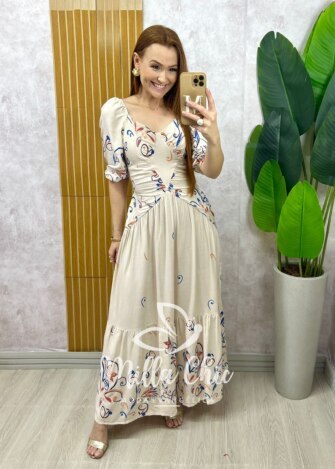 Vestido Rafaela em viscolinho - Natural estampado - Milla Chic