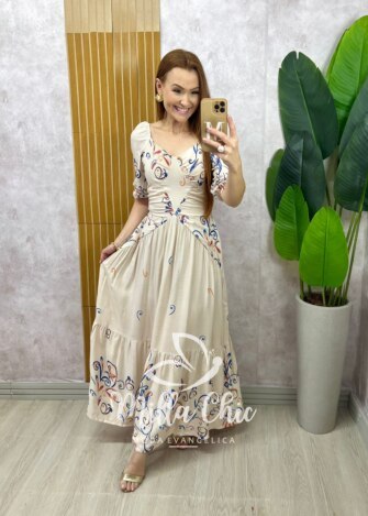 Vestido Rafaela em viscolinho - Natural estampado - Milla Chic