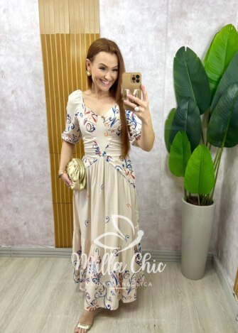 Vestido Rafaela em viscolinho - Natural estampado - Milla Chic