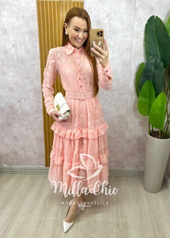 Vestido Rebeca em chiffon bordado Rosa Pó - Milla Chic