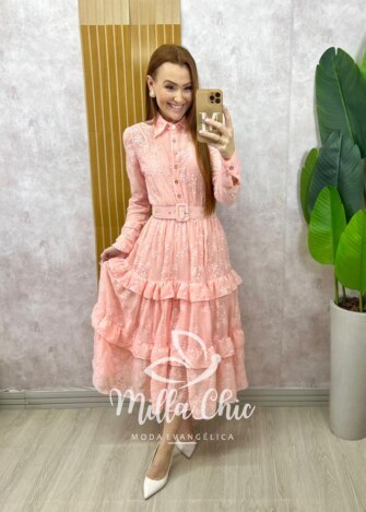 Vestido Rebeca em chiffon bordado Rosa Pó - Milla Chic