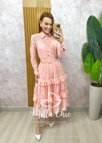 Vestido Rebeca em chiffon bordado Rosa Pó - Milla Chic