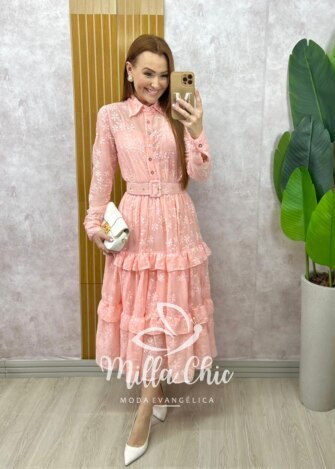 Vestido Rebeca em chiffon bordado Rosa Pó - Milla Chic