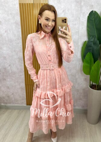 Vestido Rebeca em chiffon bordado Rosa Pó - Milla Chic