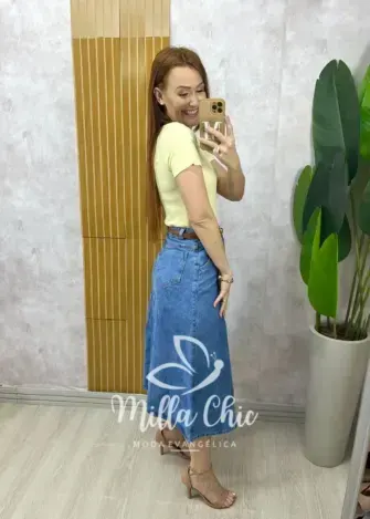 Saia jeans Regina com cinto - Jeans Claro - Milla Chic