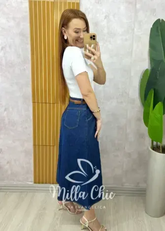 Saia jeans Regina com cinto - Milla Chic