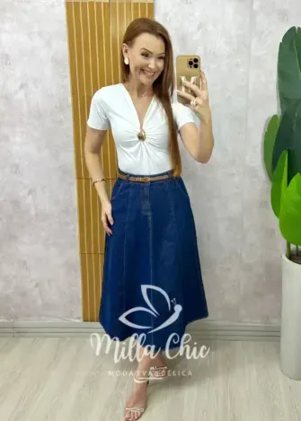Saia jeans Regina com cinto - Milla Chic