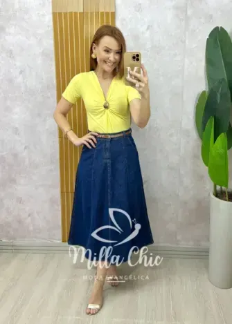 Saia jeans Regina com cinto - Milla Chic