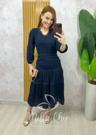Milla Chic - Vestido Fabiane Em Chiffon - Azul Marinho