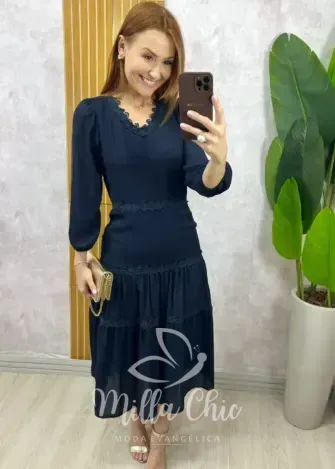 Milla Chic - Vestido Fabiane Em Chiffon - Azul Marinho