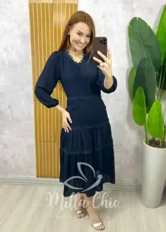 Milla Chic - Vestido Fabiane Em Chiffon - Azul Marinho