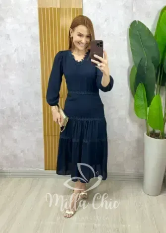 Milla Chic – Vestido Fabiane Em Chiffon – Azul Marinho Milla Chic - Vestido Fabiane Em Chiffon - Azul Marinho