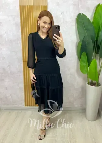 Milla Chic - Vestido Fabiane Em Chiffon - Preto