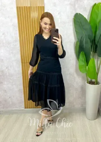 Milla Chic - Vestido Fabiane Em Chiffon - Preto