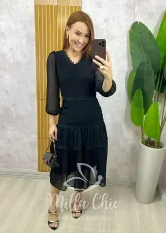 Milla Chic - Vestido Fabiane Em Chiffon - Preto