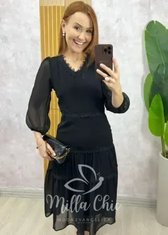 Milla Chic - Vestido Fabiane Em Chiffon - Preto