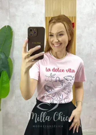Milla Chic - T-Shirt La Dolce Vita Em Malha Algodão - Rosa