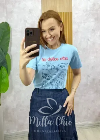 Milla Chic - T-Shirt La Dolce Vita Em Malha Algodão - Azul