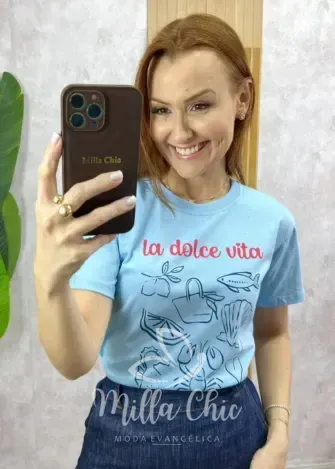 Milla Chic - T-Shirt La Dolce Vita Em Malha Algodão - Azul