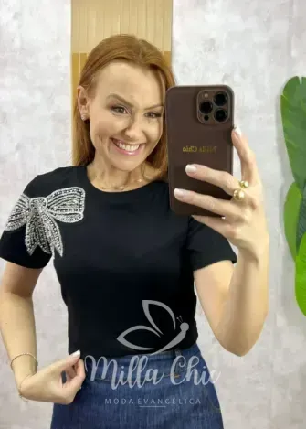 Milla Chic - Blusa Cristiane Bordado Laço - Preta