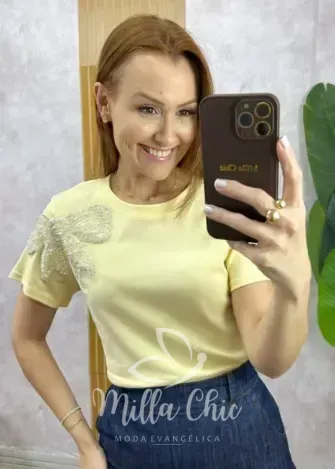 Milla Chic – Blusa Cristiane Bordado Laço – Manteiga Milla Chic - Blusa Cristiane Bordado Laço - Manteiga