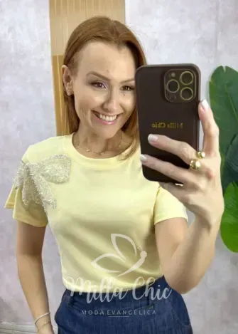 Milla Chic - Blusa Cristiane Bordado Laço - Manteiga