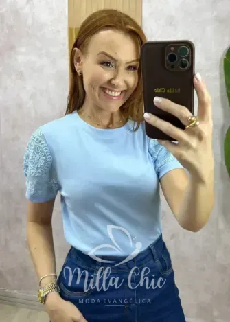 Milla Chic - Blusa Nilma Em Malha Algodão - Azul
