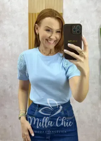 Milla Chic – Blusa Nilma Em Malha Algodão – Azul Milla Chic - Blusa Nilma Em Malha Algodão - Azul