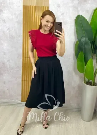 Milla Chic - Blusa Marília Em Malha Algodão Com Guipper - Cereja