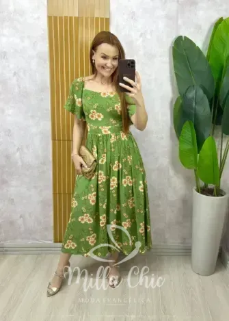 Milla Chic – Vestido Thassia Em Viscolinho – Pistache Estampado Milla Chic - Vestido Thassia Em Viscolinho - Pistache Estampado