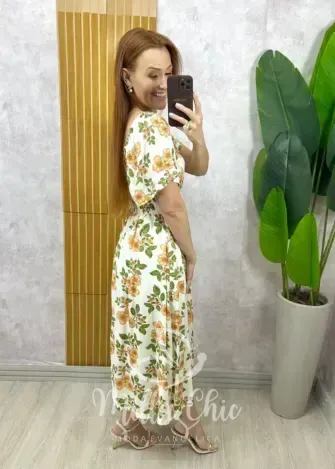 Milla Chic - Vestido Thassia Em Viscolinho -  natural estampado