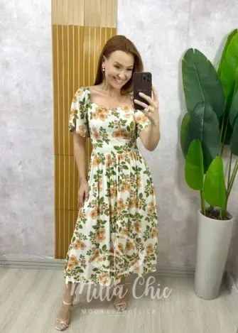 Milla Chic - Vestido Thassia Em Viscolinho -  natural estampado