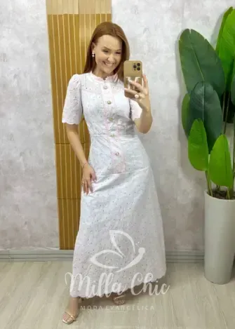 Milla Chic - Vestido Brigida Em Lesie Bordada - Rosa
