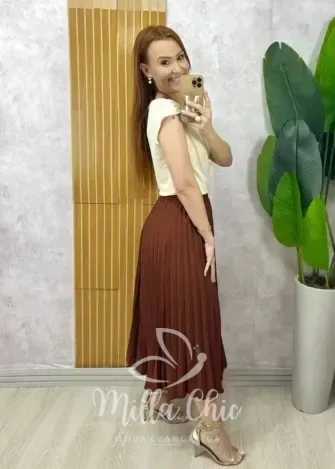 Milla Chic - Saia Plissada Augusta Midi -Castanho