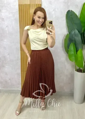 Milla Chic – Saia Plissada Augusta Midi -Castanho Milla Chic - Saia Plissada Augusta Midi -Castanho