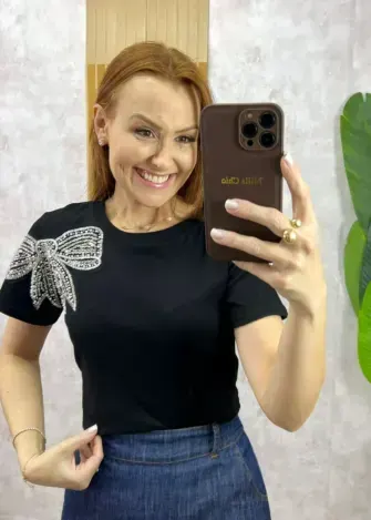 Milla Chic - Blusa Cristiane Bordado Laço - Preta