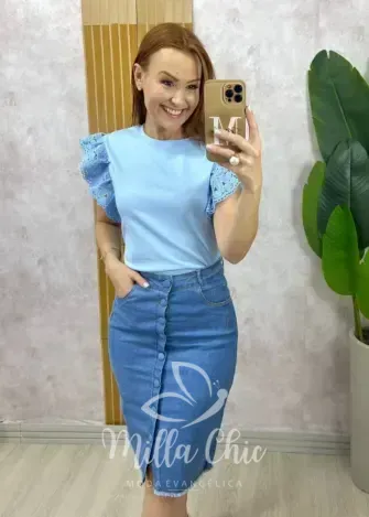 Milla Chic - Blusa Marília em malha algodão com guipper - Azul