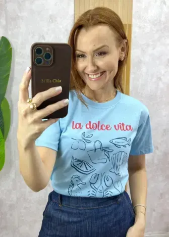 Milla Chic - T-Shirt La Dolce Vita Em Malha Algodão - Azul