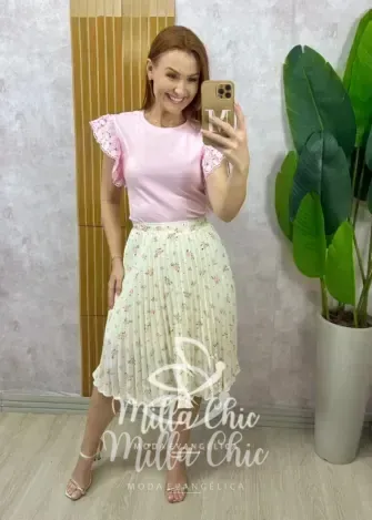 Milla Chic - Blusa Marília em malha algodão com guipper - Rosa