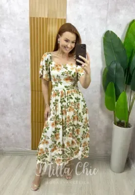 Milla Chic - Vestido Thassia Em Viscolinho -  natural estampado