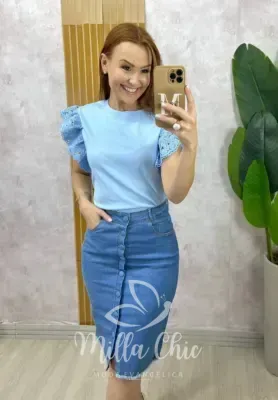 Milla Chic - Blusa Marília em malha algodão com guipper - Azul