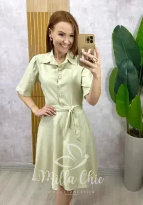 Milla Chic - Vestido Chemise Verônica Em Linho - Verde Pistache