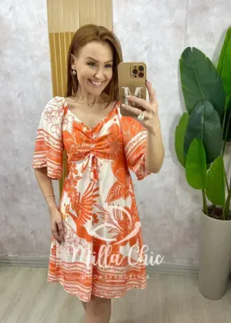 Milla Chic - Vestido Catarina em Viscosarja Modelo Joelho - Laranja
