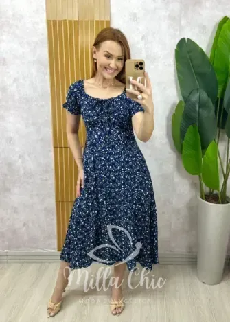 Milla Chic - Vestido Judite em viscolinho amarelo manteiga estampado (cópia)