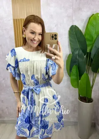 Vestido Naomi  em viscolinho  - natural estampado - Milla Chic