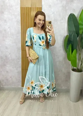 Vestido Lírio  em viscosarja - azul marine estampado - Milla Chic