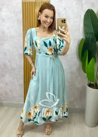 Vestido Lírio  em viscosarja - azul marine estampado - Milla Chic