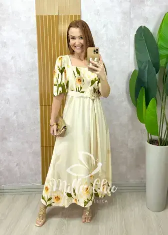 Vestido Lírio  em viscosarja - natural estampado - Milla Chic