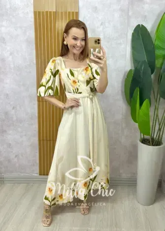 Vestido Lírio  em viscosarja - natural estampado - Milla Chic